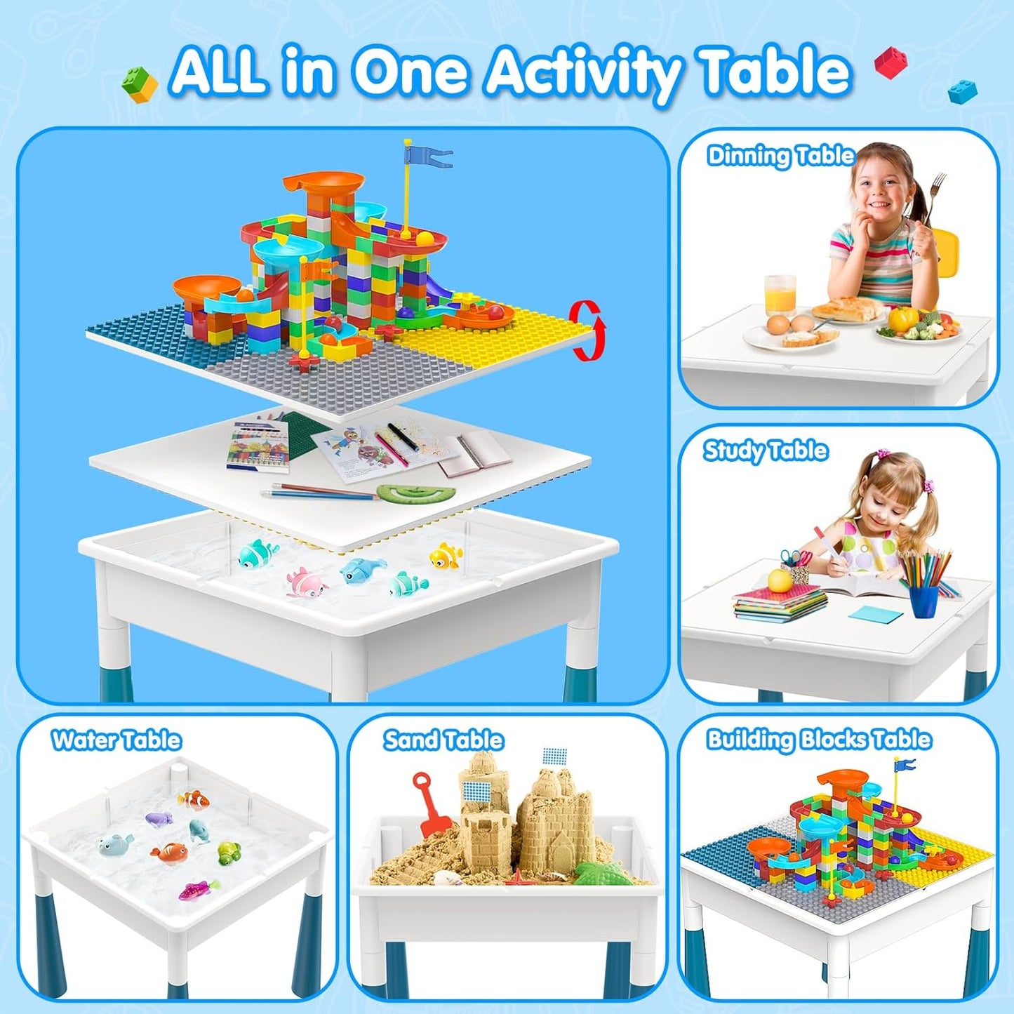 Kids Activity Table Toddlers Kids Table and Chair Set with 152Pcs Large Marble Run Building Blocks All in One Kid Play Water Tables Sand Tables, STEM Toys for Boys Girls 3 4 5 6 Year Old