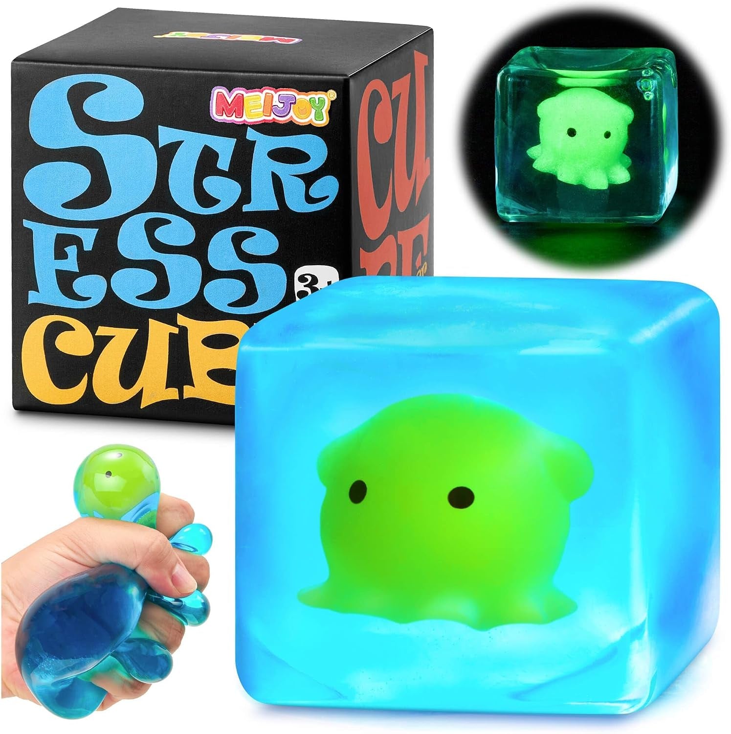 Squishy Stress Cube Fidget Toys Adults - Glow in the Dark Octopus Sensory Toys for Kids with Autism Stress Balls for Kids Squeeze Toys for Anxiety Easter Basket Stuffers
