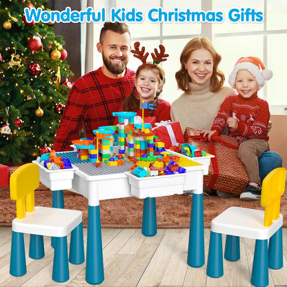 Kids Activity Table Toddlers Kids Table and Chair Set with 152Pcs Large Marble Run Building Blocks All in One Kid Play Water Tables Sand Tables, STEM Toys for Boys Girls 3 4 5 6 Year Old