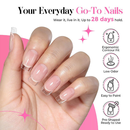 Gel Nail Kit: Short Square Soft Gel Nail Tips and Strong Nail Glue Air Dry 216Pcs Pre-Etched Full Cover Press on Nails Semi Solid Nail Glue with Manicure Tools No U V Lamp Needed DIY Home