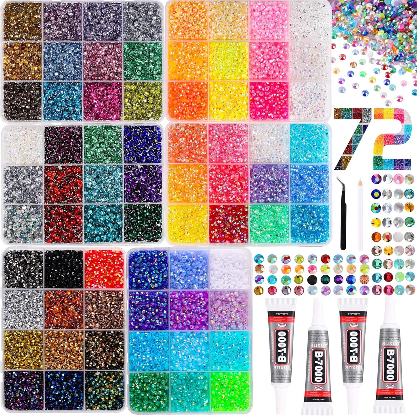 54000Pcs Bedazzling Kit with 6 Box - 72 Colors Resin Jelly Rhinestones, 4×10Ml B7000 Jewelry Glue Multicolor 3Mm Flatback Sparkling Gems for Nail Art, Crafts, Clothing, Diamond Painting