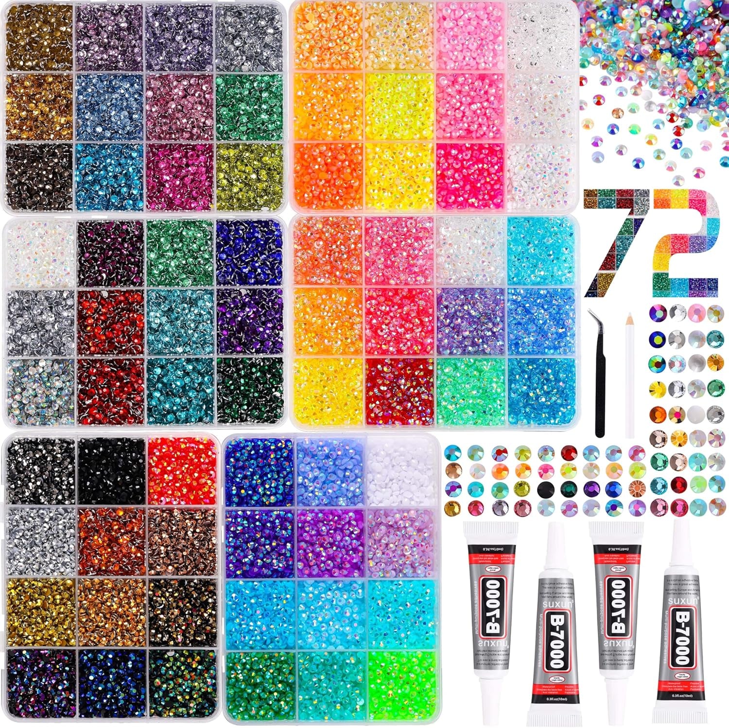 54000Pcs Bedazzling Kit with 6 Box - 72 Colors Resin Jelly Rhinestones, 4×10Ml B7000 Jewelry Glue Multicolor 3Mm Flatback Sparkling Gems for Nail Art, Crafts, Clothing, Diamond Painting