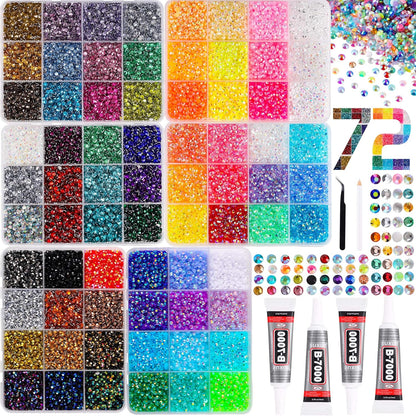 54000Pcs Bedazzling Kit with 6 Box - 72 Colors Resin Jelly Rhinestones, 4×10Ml B7000 Jewelry Glue Multicolor 3Mm Flatback Sparkling Gems for Nail Art, Crafts, Clothing, Diamond Painting