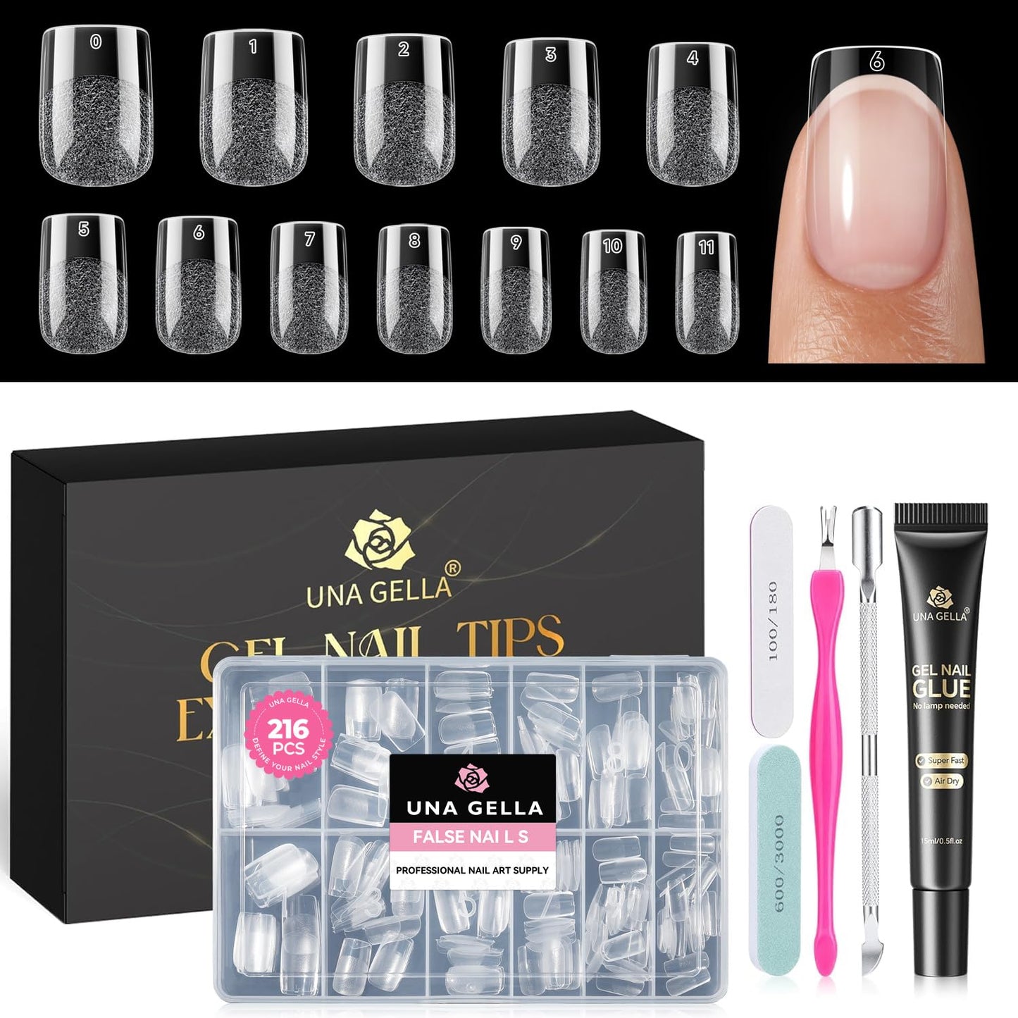 Gel Nail Kit: Short Square Soft Gel Nail Tips and Strong Nail Glue Air Dry 216Pcs Pre-Etched Full Cover Press on Nails Semi Solid Nail Glue with Manicure Tools No U V Lamp Needed DIY Home