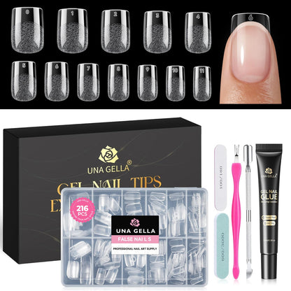 Gel Nail Kit: Short Square Soft Gel Nail Tips and Strong Nail Glue Air Dry 216Pcs Pre-Etched Full Cover Press on Nails Semi Solid Nail Glue with Manicure Tools No U V Lamp Needed DIY Home