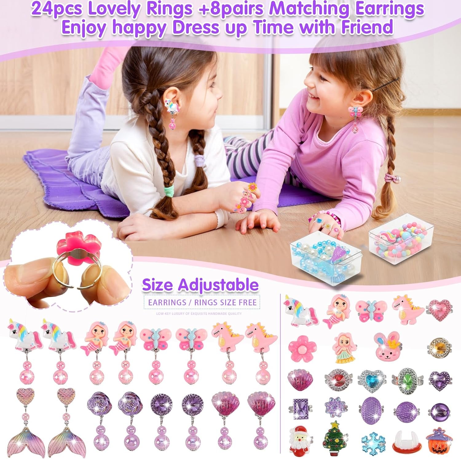 Kids Toys for Ages 5-7 Girls Jewelry Box, Toddler Toys for Girls 8-10, Clip on Earrings Adjustable Rings, Unicorn and Mermaid Toy for Pretend Play & Dress up 3 4 5 6 Kids Christmas Birthday Gifts