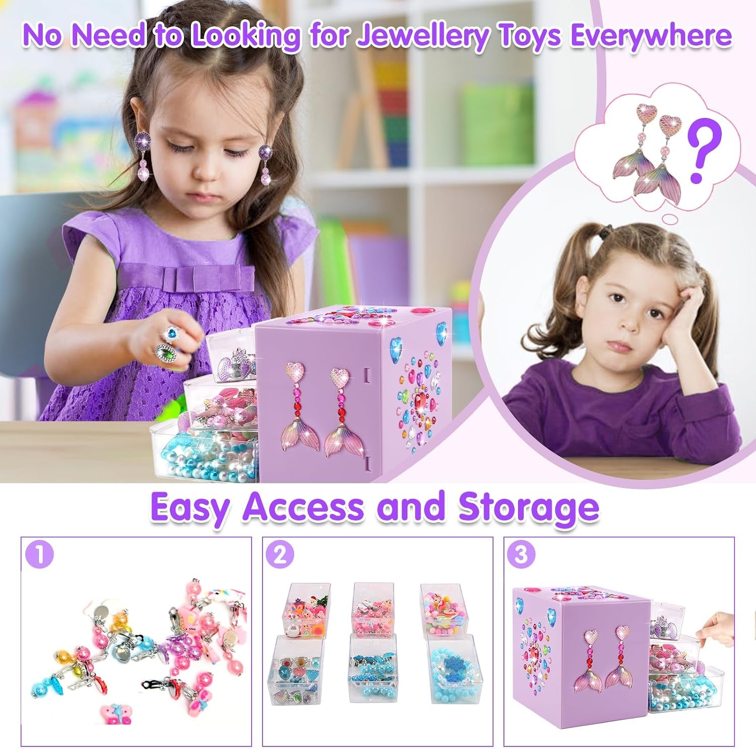 Kids Toys for Ages 5-7 Girls Jewelry Box, Toddler Toys for Girls 8-10, Clip on Earrings Adjustable Rings, Unicorn and Mermaid Toy for Pretend Play & Dress up 3 4 5 6 Kids Christmas Birthday Gifts