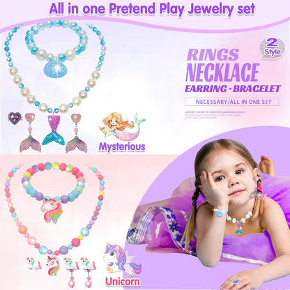Kids Toys for Ages 5-7 Girls Jewelry Box, Toddler Toys for Girls 8-10, Clip on Earrings Adjustable Rings, Unicorn and Mermaid Toy for Pretend Play & Dress up 3 4 5 6 Kids Christmas Birthday Gifts