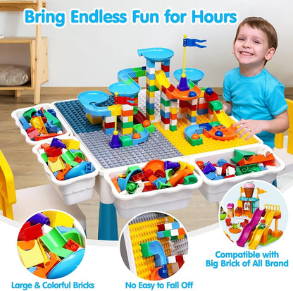 Kids Activity Table Toddlers Kids Table and Chair Set with 152Pcs Large Marble Run Building Blocks All in One Kid Play Water Tables Sand Tables, STEM Toys for Boys Girls 3 4 5 6 Year Old