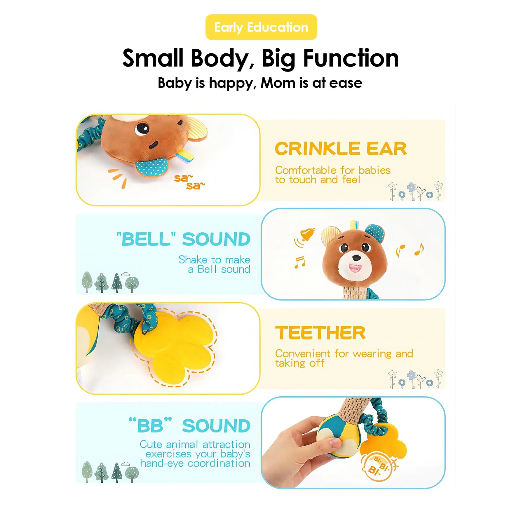 Baby Rattles Soft Stuffed Animal Rattle Hand Grip Baby Toys Shaker Crinkle Squeaky Sensory Soothing Toys Toddler Gifts