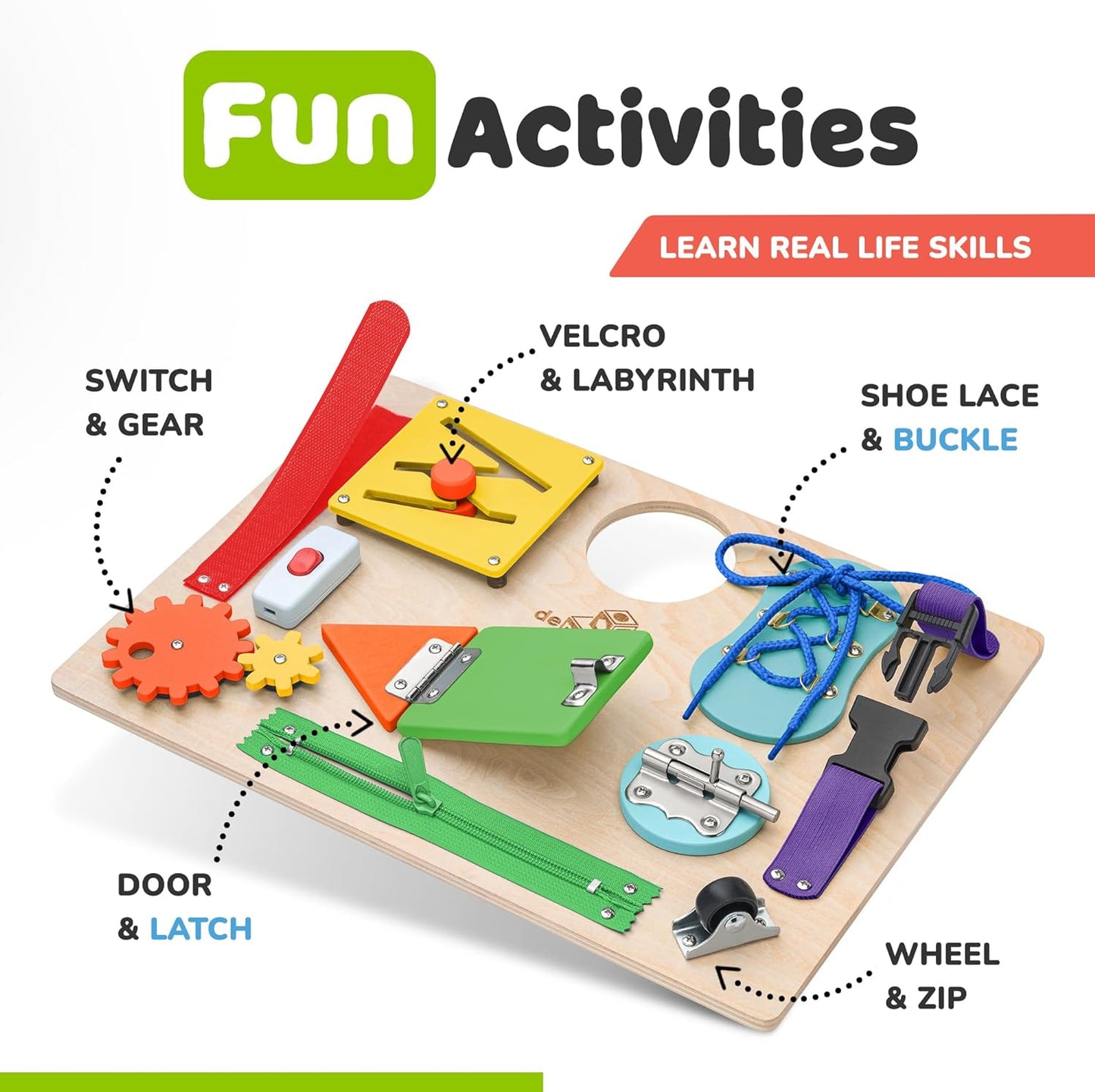 Toddler Busy Board, Premium Wooden Sensory Toy | Montessori Busy Board for Toddlers 3 Year Old with 10 Educational Activities for Fine Motor Skills, Travel Toy