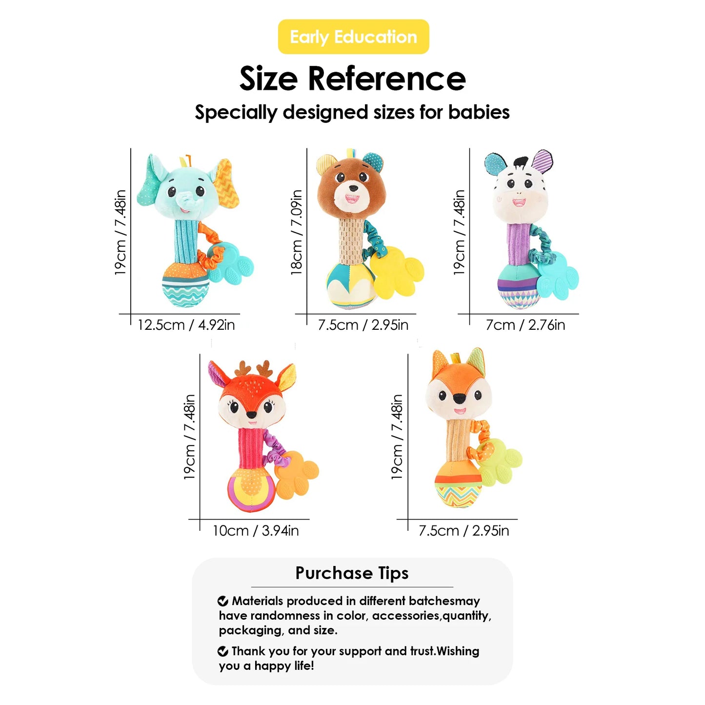 Baby Rattles Soft Stuffed Animal Rattle Hand Grip Baby Toys Shaker Crinkle Squeaky Sensory Soothing Toys Toddler Gifts