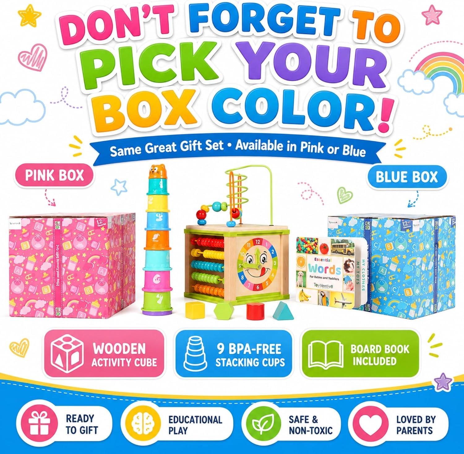 Wooden Activity Cube for Baby, Montessori Toys for 1 Year Old, Baby Toys 1 Year Old, Toys for 1+ Year Old Girl - Wooden Activity Center with Bead Maze Toy, Baby Stacking Cups, Book, in Pink Gift Box