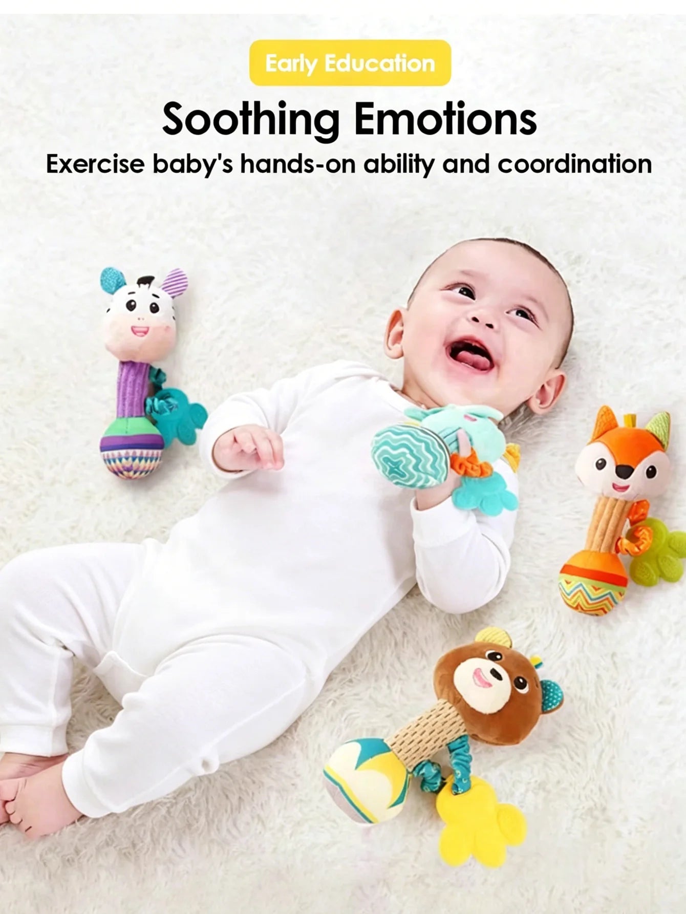 Baby Rattles Soft Stuffed Animal Rattle Hand Grip Baby Toys Shaker Crinkle Squeaky Sensory Soothing Toys Toddler Gifts