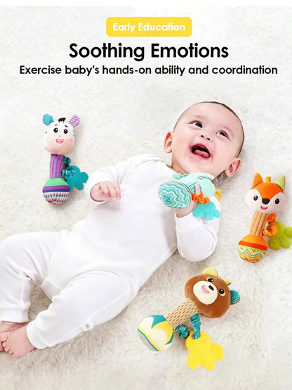 Baby Rattles Soft Stuffed Animal Rattle Hand Grip Baby Toys Shaker Crinkle Squeaky Sensory Soothing Toys Toddler Gifts