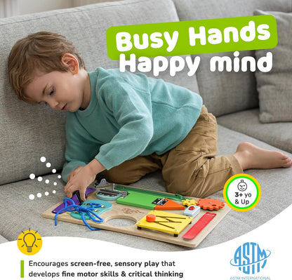 Toddler Busy Board, Premium Wooden Sensory Toy | Montessori Busy Board for Toddlers 3 Year Old with 10 Educational Activities for Fine Motor Skills, Travel Toy
