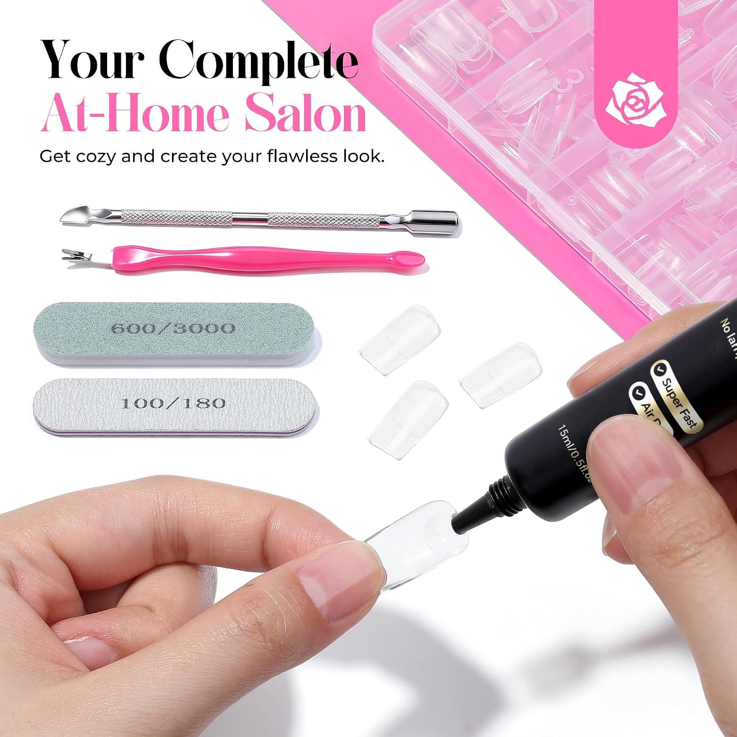 Gel Nail Kit: Short Square Soft Gel Nail Tips and Strong Nail Glue Air Dry 216Pcs Pre-Etched Full Cover Press on Nails Semi Solid Nail Glue with Manicure Tools No U V Lamp Needed DIY Home