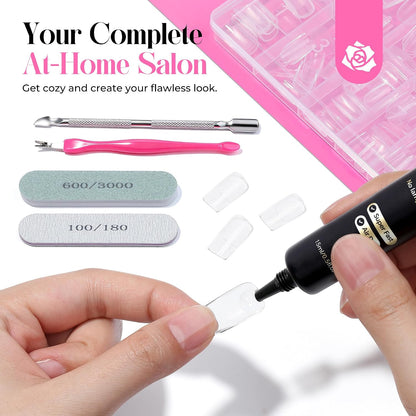 Gel Nail Kit: Short Square Soft Gel Nail Tips and Strong Nail Glue Air Dry 216Pcs Pre-Etched Full Cover Press on Nails Semi Solid Nail Glue with Manicure Tools No U V Lamp Needed DIY Home
