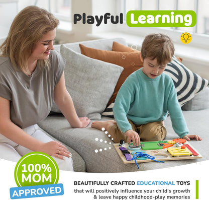 Toddler Busy Board, Premium Wooden Sensory Toy | Montessori Busy Board for Toddlers 3 Year Old with 10 Educational Activities for Fine Motor Skills, Travel Toy