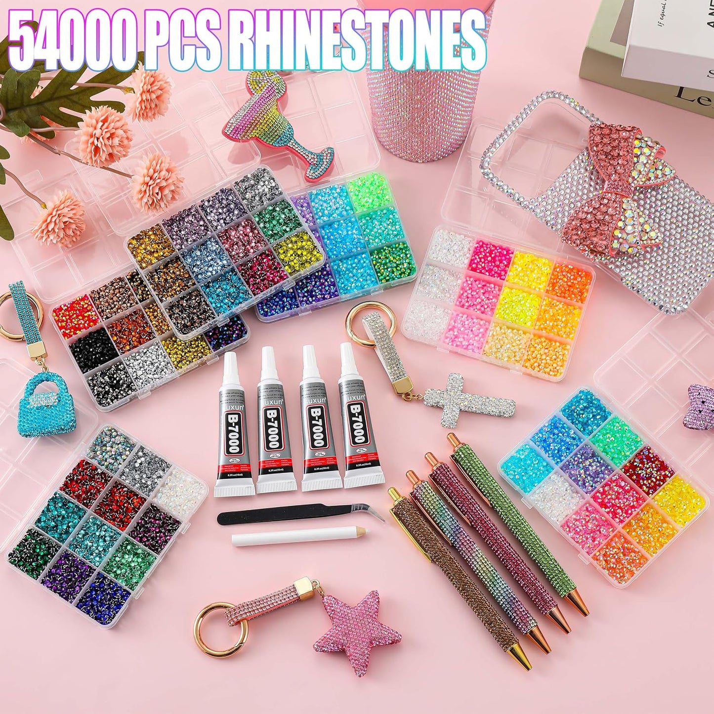 54000Pcs Bedazzling Kit with 6 Box - 72 Colors Resin Jelly Rhinestones, 4×10Ml B7000 Jewelry Glue Multicolor 3Mm Flatback Sparkling Gems for Nail Art, Crafts, Clothing, Diamond Painting