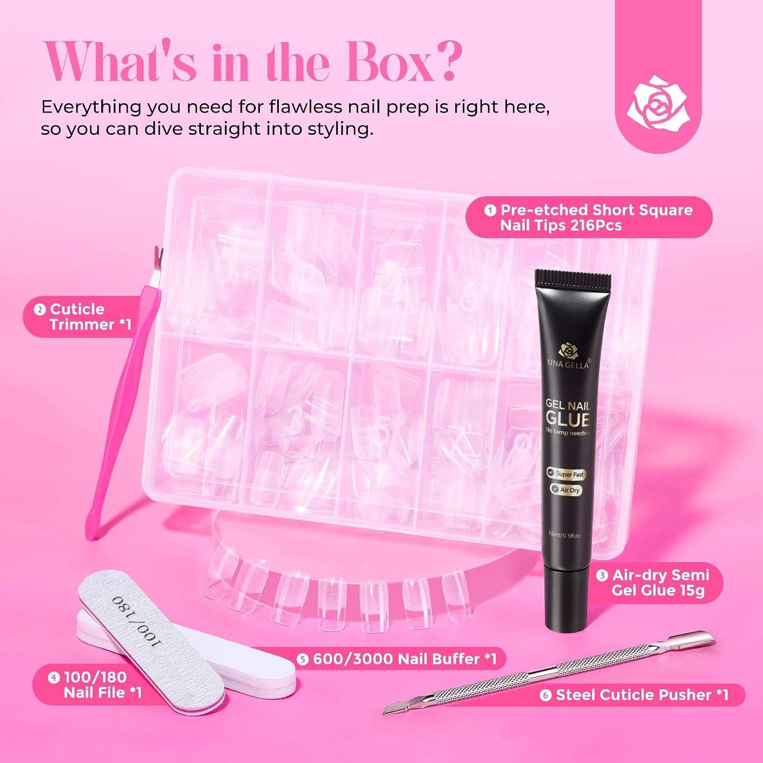 Gel Nail Kit: Short Square Soft Gel Nail Tips and Strong Nail Glue Air Dry 216Pcs Pre-Etched Full Cover Press on Nails Semi Solid Nail Glue with Manicure Tools No U V Lamp Needed DIY Home