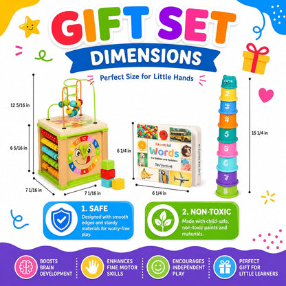 Wooden Activity Cube for Baby, Montessori Toys for 1 Year Old, Baby Toys 1 Year Old, Toys for 1+ Year Old Girl - Wooden Activity Center with Bead Maze Toy, Baby Stacking Cups, Book, in Pink Gift Box
