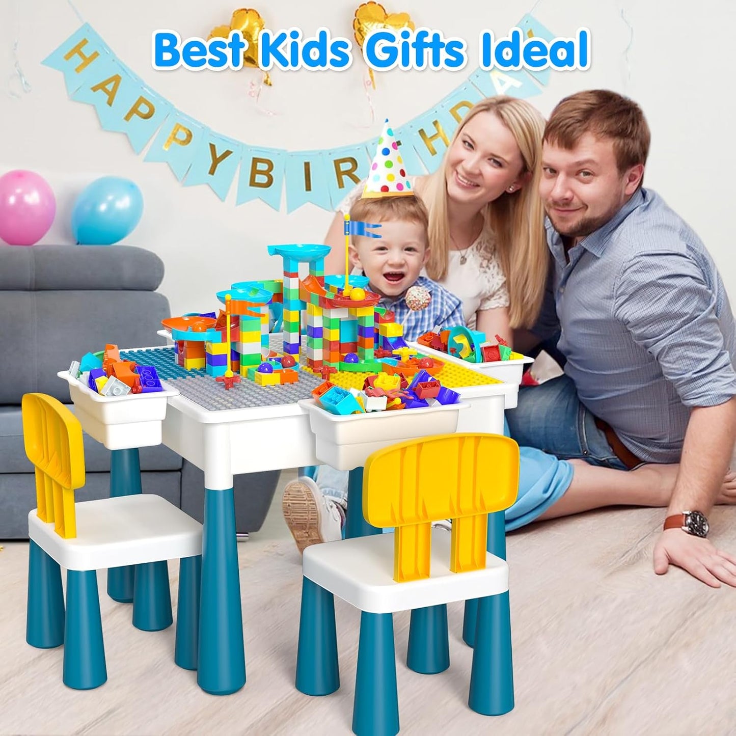 Kids Activity Table Toddlers Kids Table and Chair Set with 152Pcs Large Marble Run Building Blocks All in One Kid Play Water Tables Sand Tables, STEM Toys for Boys Girls 3 4 5 6 Year Old