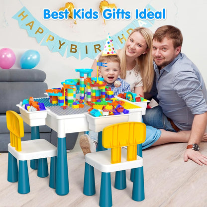 Kids Activity Table Toddlers Kids Table and Chair Set with 152Pcs Large Marble Run Building Blocks All in One Kid Play Water Tables Sand Tables, STEM Toys for Boys Girls 3 4 5 6 Year Old