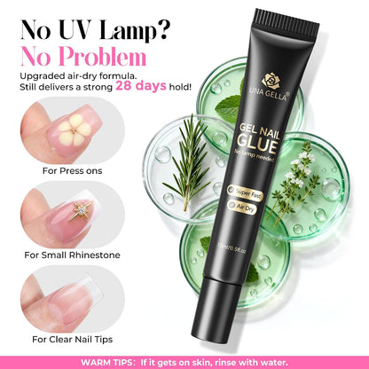 Gel Nail Kit: Short Square Soft Gel Nail Tips and Strong Nail Glue Air Dry 216Pcs Pre-Etched Full Cover Press on Nails Semi Solid Nail Glue with Manicure Tools No U V Lamp Needed DIY Home