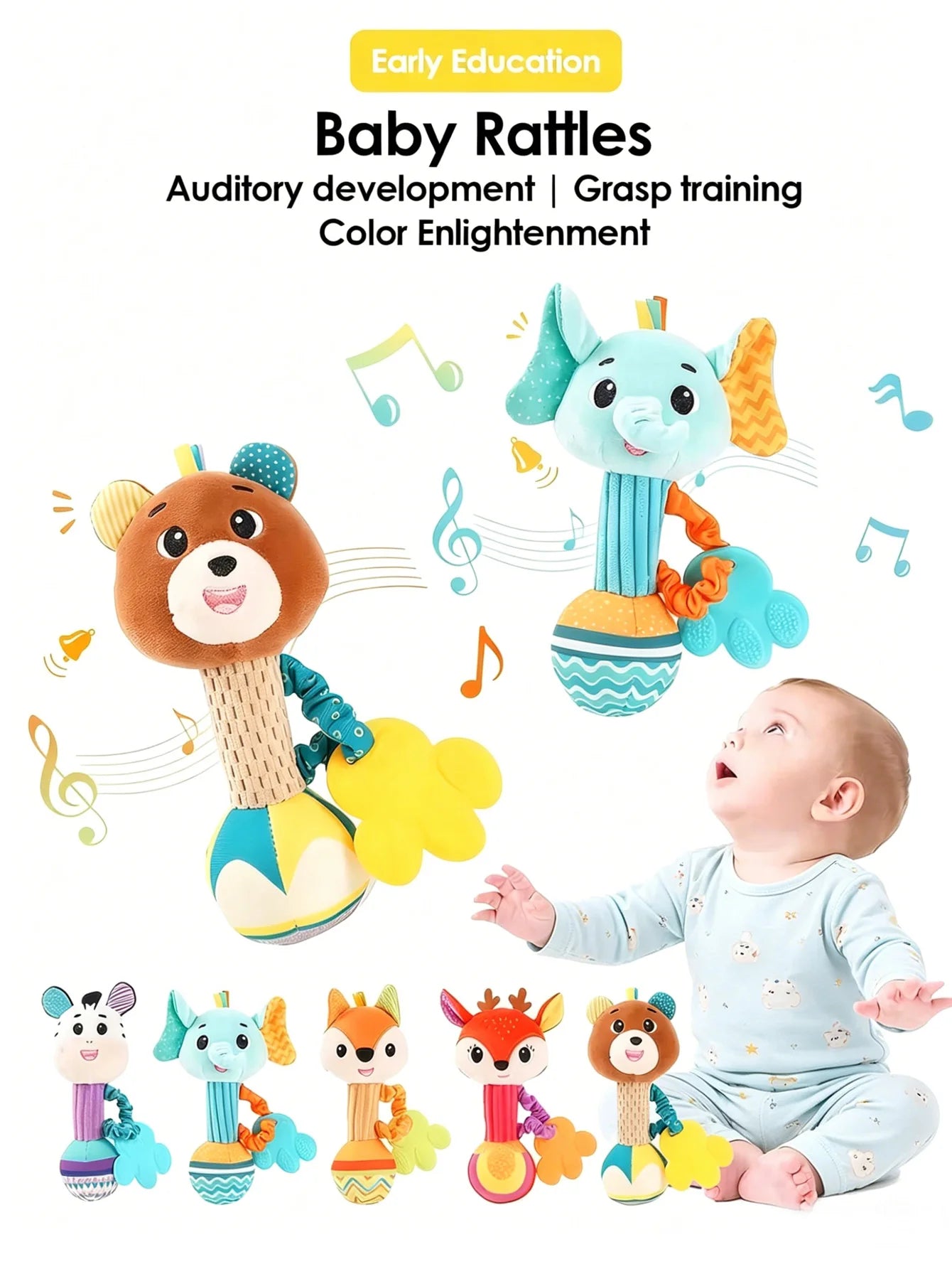 Baby Rattles Soft Stuffed Animal Rattle Hand Grip Baby Toys Shaker Crinkle Squeaky Sensory Soothing Toys Toddler Gifts