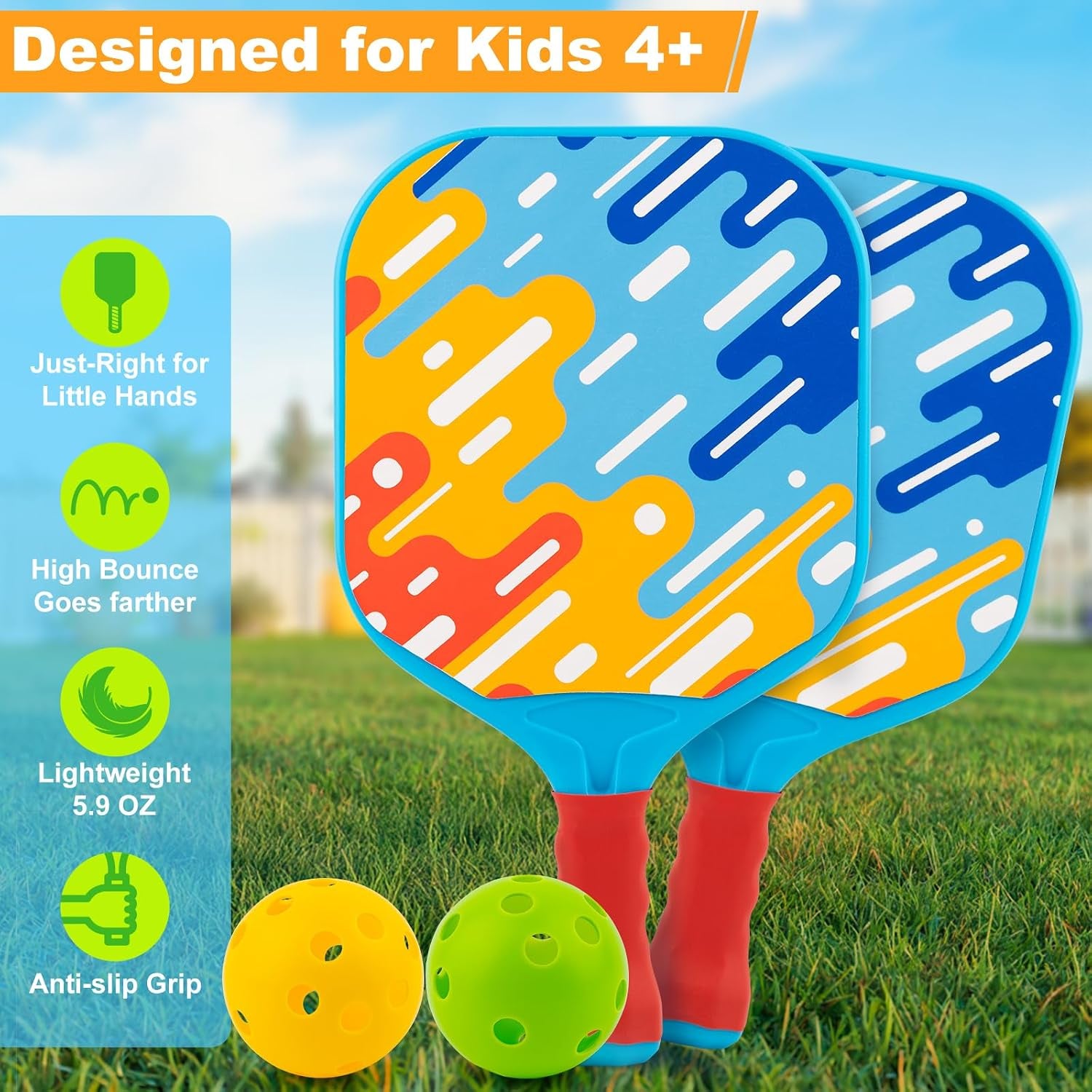 Outdoor Toys for Kids Pickleball Paddles - outside Beach Yard Games Toy for Kid Ages 4-5-6-7-8-12 Year Old Boys & Girls Gifts, Balls Set of 2, Lightweight & Durable Grip for Small Hands, Beginner