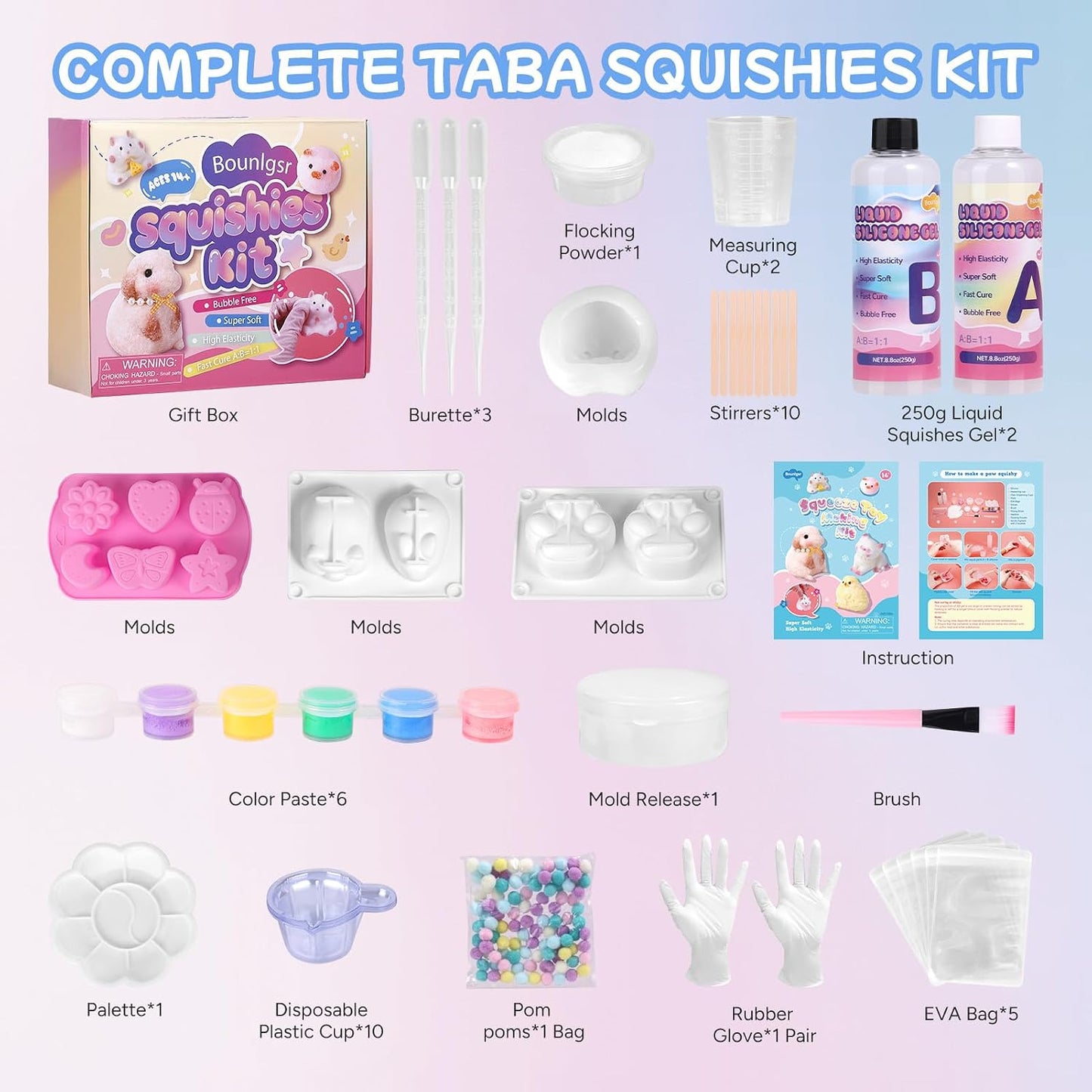 Taba Squishy Kit, Taba Squishy Making Kit for with Gift, 18Oz 1:1 AB Ratio Epoxy Resin Mix, Taba Squishes Mold for Making Your Own Squishies, Taba Squishes Pack for Stress Relief