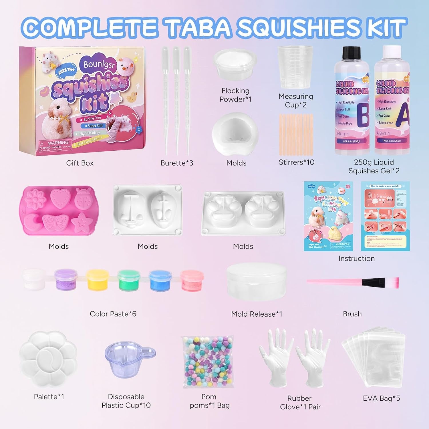 Taba Squishy Kit, Taba Squishy Making Kit for with Gift, 18Oz 1:1 AB Ratio Epoxy Resin Mix, Taba Squishes Mold for Making Your Own Squishies, Taba Squishes Pack for Stress Relief