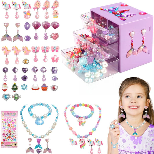 Kids Toys for Ages 5-7 Girls Jewelry Box, Toddler Toys for Girls 8-10, Clip on Earrings Adjustable Rings, Unicorn and Mermaid Toy for Pretend Play & Dress up 3 4 5 6 Kids Christmas Birthday Gifts