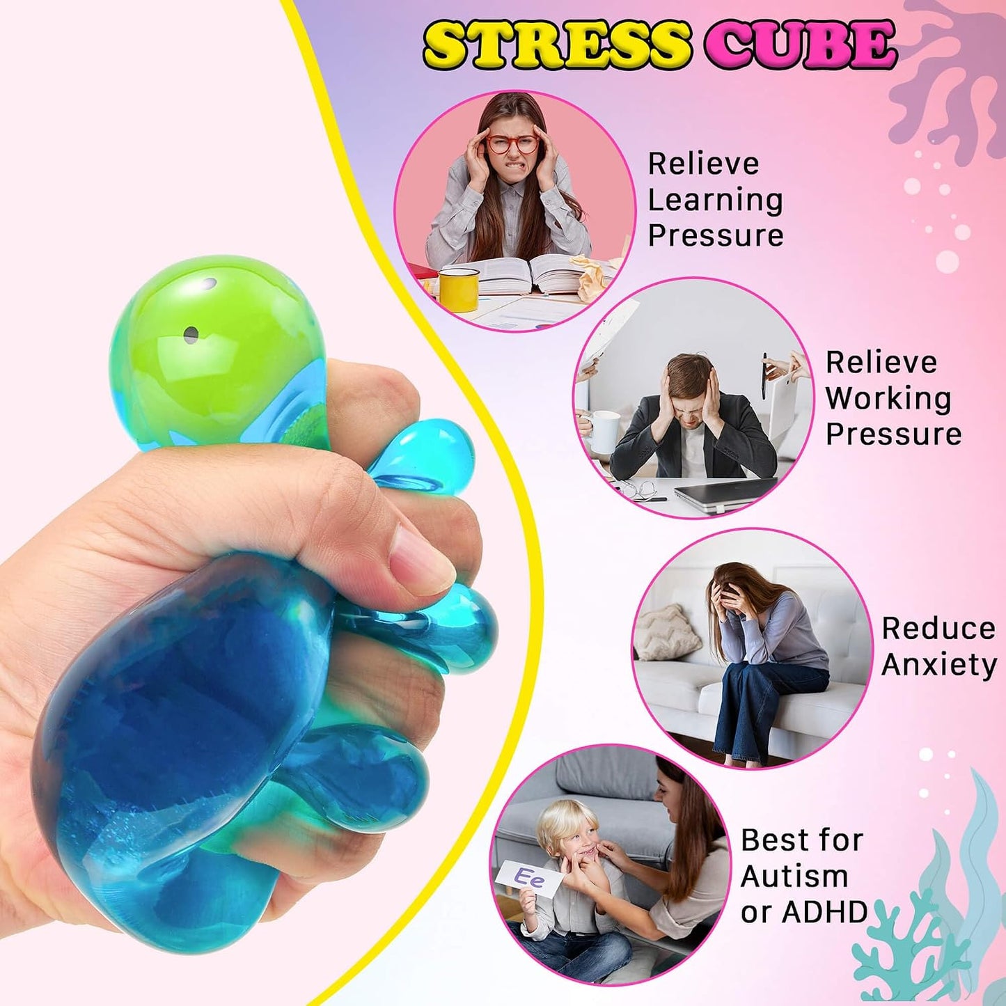 Squishy Stress Cube Fidget Toys Adults - Glow in the Dark Octopus Sensory Toys for Kids with Autism Stress Balls for Kids Squeeze Toys for Anxiety Easter Basket Stuffers