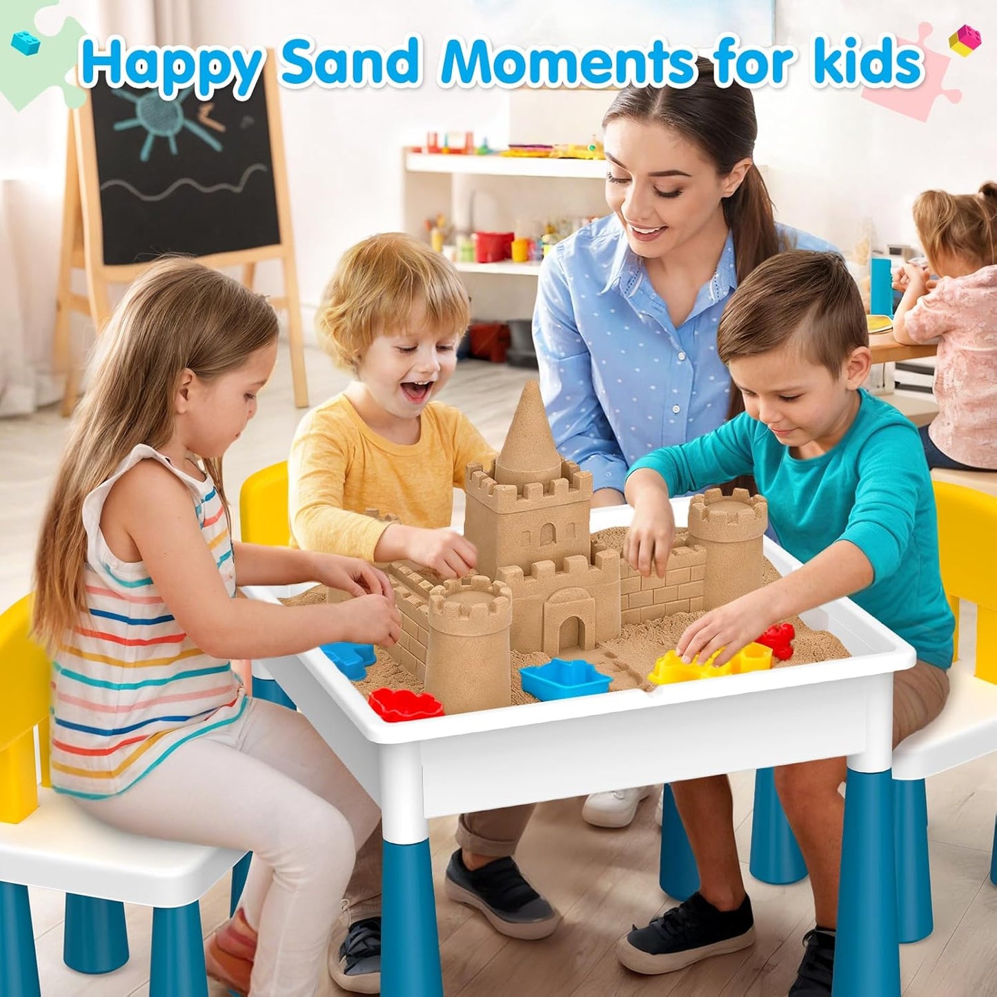 Kids Activity Table Toddlers Kids Table and Chair Set with 152Pcs Large Marble Run Building Blocks All in One Kid Play Water Tables Sand Tables, STEM Toys for Boys Girls 3 4 5 6 Year Old
