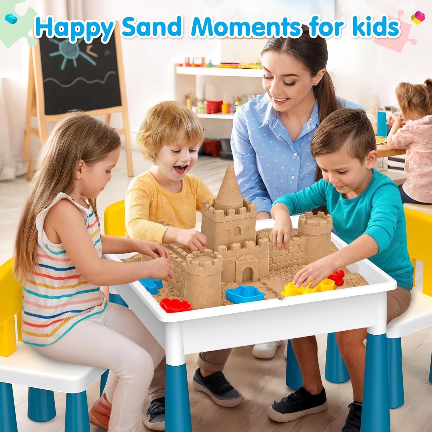 Kids Activity Table Toddlers Kids Table and Chair Set with 152Pcs Large Marble Run Building Blocks All in One Kid Play Water Tables Sand Tables, STEM Toys for Boys Girls 3 4 5 6 Year Old